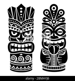 Tiki pole totem vector design - traditional statue decor set from Polynesia and Hawaii, tribal folk art background Stock Vector