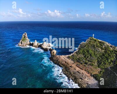 Guadeloupe Chateaux rocks drone view. Pointe Des Colibris landscape aerial view. Stock Photo