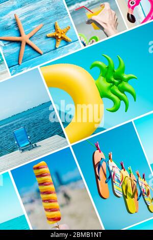 a collage of pictures of different summer items, such as some starfishes, a pineapple-shaped swim ring, some flip-flops hanging on a clothesline, a de Stock Photo