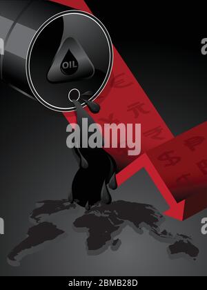 Oil industry crisis concept. Drop in crude oil prices. Financial markets with international currency vector illustration. Stock Vector