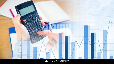 Digital illustration of Caucasian male hands calculating over statistics Stock Photo