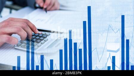Digital illustration of Caucasian male hands calculating over statistics Stock Photo