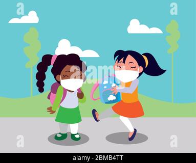 Girls kids cartoons with masks and school bags at park design of Covid 19 virus theme Vector illustration Stock Vector