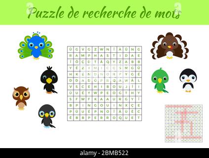 Puzzle de recherche de mots - Word search puzzle with pictures. Educational game for study French words. Activity worksheet colorful printable version Stock Vector