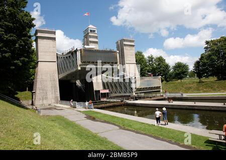 Canada, Ontario, Peterborough, Lift Lock on the Trent-Severn Waterway, the Worlds highest 65 feet Hydraulic lift lock. Stock Photo