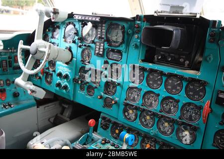 Interior view of the cockpit of an old Ilyushin Il-62 