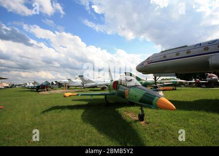 View of a Aero L-39 'Albatros' high-performance jet trainer next to a Aeroflot Tupolev Tu-104 jetliner at the Zhulyany Ukraine State Aviation Museum Stock Photo