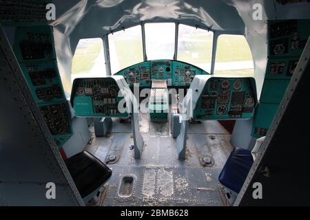 Interior view of the cockpit of a Mil Mi-26 'Halo' super heavy-lift helicopter at the Zhulyany State Aviation Museum of Ukraine Stock Photo