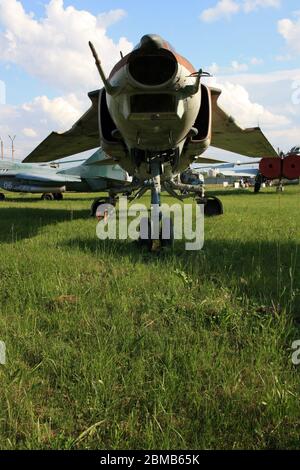Front view of a Mikoyan-Gurevich MiG-27 'Flogger' ground-attack aircraft at the Zhulyany State Aviation Museum of Ukraine Stock Photo