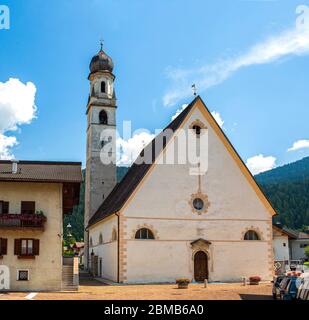 Mezzano Imerm, Pale di San Martino village with Dolomite peaks in Val di Primiero Noana of Trentino Alto-Adige, Italy in sunrise. Stock Photo