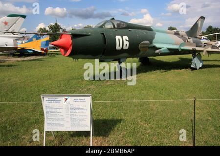 Exterior view of a Sukhoi Su-20 'Fitter-C' (Su-17 export version) variable-sweep wing fighter-bomber at the Zhulyany State Aviation Museum of Ukraine Stock Photo