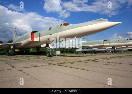 Exterior view of a Tupolev Tu-22M 'Backfire' supersonic long-range strategic and maritime strike bomber at the Zhulyany Ukraine State Aviation Museum Stock Photo