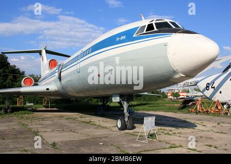 Exterior view of an old Tupolev Tu-154 'Careless' in Aeroflot colors (without lettering) at the Zhulyany State Aviation Museum of Ukraine Stock Photo