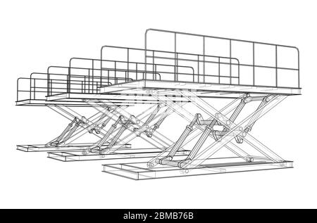 Scissors lift concept outline. Vector rendering of 3d. Wire-frame style. The layers of visible and invisible lines are separated Stock Vector