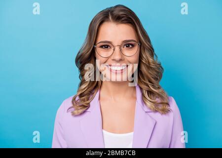 Close-up portrait of her she nice attractive lovely cute cheerful cheery content wavy-haired girl wearing specs eye sight vision isolated over bright Stock Photo