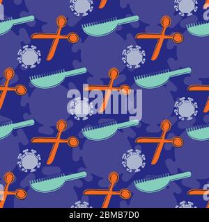 Scissors, hair brush coronavirus vector seamless pattern background. Neon orange, blue, purple hairdressing tools sketch Covid 19 backdrop. All over Stock Vector