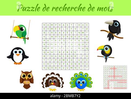 Puzzle de recherche de mots - Word search puzzle with pictures. Educational game for study French words. Activity worksheet colorful printable version Stock Vector