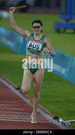 MANCHESTER - JULY 31: Jana Pittman of Australia celebrates winning the Women's 4 x 100 metres relay Final at the City of Manchester Stadium during the Stock Photo