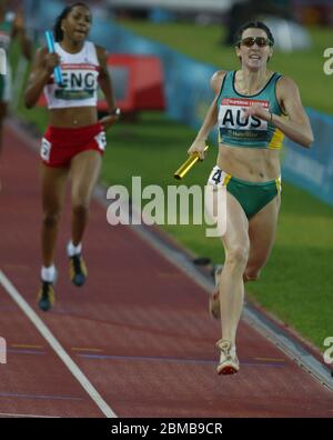 MANCHESTER - JULY 31: Jana Pittman of Australia celebrates winning the Women's 4 x 100 metres relay Final at the City of Manchester Stadium during the Stock Photo