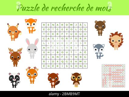 Puzzle de recherche de mots - Word search puzzle with pictures. Educational game for study French words. Activity worksheet colorful printable version Stock Vector