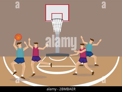 Vector cartoon illustration of red and blue team basketball players playing basketball game in indoor court. Stock Vector
