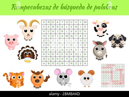 Crucigrama para niños - Crossword for kids with pictures. Activity worksheet colorful printable version. Educational game for study Spanish words. Stock Vector