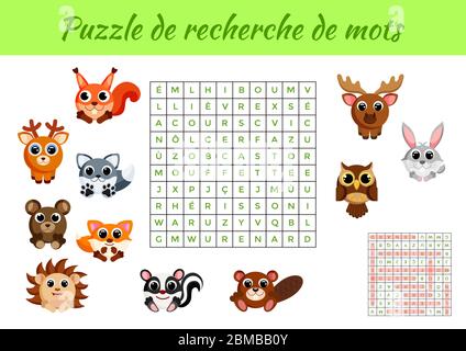 Puzzle de recherche de mots - Word search puzzle with pictures. Educational game for study French words. Activity worksheet colorful printable version Stock Vector