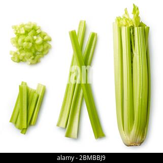 Fresh sliced celery isolated on white background. Top view Stock Photo