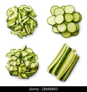 Heap of fresh sliced cucumbers isolated on white background. From top view Stock Photo