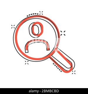 Search job vacancy icon in comic style. Loupe career cartoon vector illustration on white isolated background. Find people employer splash effect busi Stock Vector