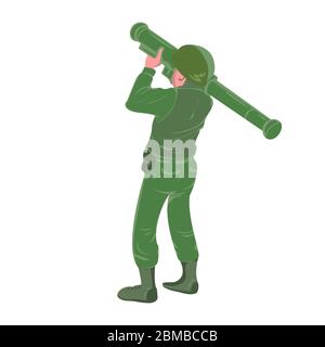 Military soldier holding and aiming rocket launcher. War zone battle sign or symbol. Heavy weapon. Ballistic missile explosion, flat vector character Stock Vector