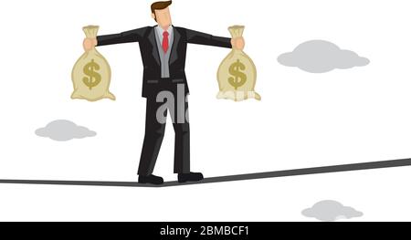 Businessman in suit balancing on a tight rope with a two bags of money. Concept of financial risks. Vector isolated illustration. Stock Vector