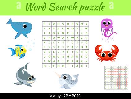 Clip cards game template word search puzzle. Kids activity worksheet colorful printable version. Educational game for study English words. Stock Vector