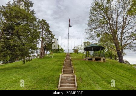 Greeneville, Tennessee, USA -April 25, 2020:  Andrew Johnson National Cemetery in Greenville, Tennessee.  Stairs leading to where the 17th President, Stock Photo