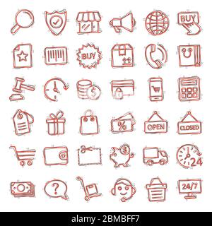 Shopping icon set in comic style. Online commerce cartoon vector illustration on white isolated background. Market store splash effect business concep Stock Vector