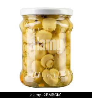 Delicious marinated mushrooms in the glass jar isolated on white. File contains clipping path. Stock Photo