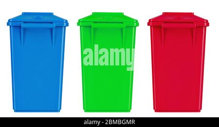 Three colorful recycle bins isolated on white background. Stock Photo