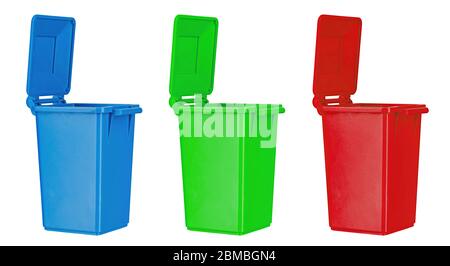 Three colorful recycle bins isolated on white background. Stock Photo