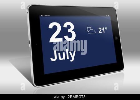 A tablet computer displays a calendar in English language with the date July 23th | Ein Tablet-Computer zeigt in Englischer Sprache den 23. Juli Stock Photo