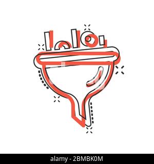 Filter icon in comic style. Funnel cartoon vector illustration on white isolated background. Chemical cone splash effect business concept. Stock Vector
