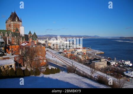 Chateau Frontenac and Quebec city under the white snow in Canada Stock Photo