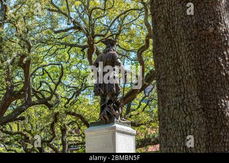 A statue of James Oglethorpe resides in Savannah, Georgia's oak-filled Chippewa Square. Stock Photo