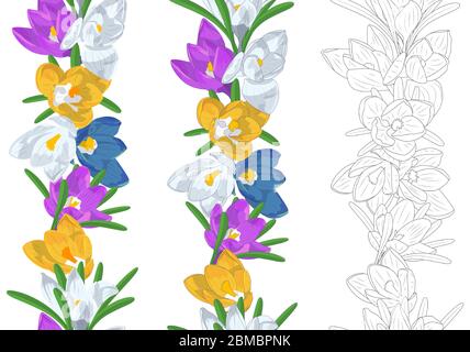 Hand drawn colorful and monochrome crocus flowers seamless brushes. Floral endless borders set. Isolated on white background. Vector illustration Stock Vector