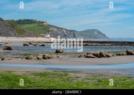 Charmouth Dorset, UK. 8th May, 2020. UK Weather: A hot and sunny bank holiday afternoon at Charmouth, West Dorset. An empty beach with the Jurassic Coast and Golden Cap in the background during the coronavirus pandemic lockdown. Credit: Celia McMahon/Alamy Live News Stock Photo