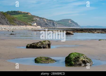 Charmouth Dorset, UK. 8th May, 2020. UK Weather: A hot and sunny bank holiday afternoon at Charmouth, West Dorset. An empty beach with the Jurassic Coast and Golden Cap in the background during the coronavirus pandemic lockdown. Credit: Celia McMahon/Alamy Live News Stock Photo