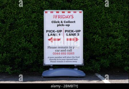 High Wycombe, England. TGI FRIDAYS restaurant in High Wycombe opens for Click & Collect and takeaway service as life continues in Britain under a nationwide lockdown to slow the spread of COVID-19 in High Wycombe on 8 May 2020. Photo by Andy Rowland. Credit: PRiME Media Images/Alamy Live News Stock Photo