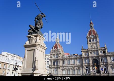 Maria Pita Statue & Palacio Municipal (Town Hall), Plaza de Maria Pita, La Coruna City, Galicia, Europe Stock Photo