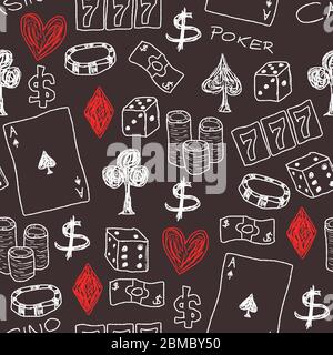 Doodle seamless background texture illustration - casino concepts with poker, dice and gambling. Stock Vector