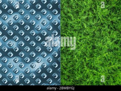 Futuristic metal texture and green plant texture in one background picture Stock Photo
