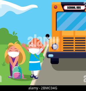 Girls kids cartoons with masks school bags and bus design of Covid 19 virus theme Vector illustration Stock Vector